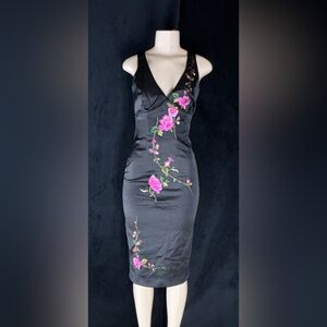 Black Midi Dress with Pink Floral Embroidery